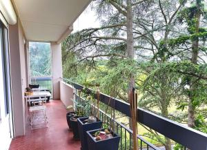 a balcony with potted plants and a large window at Superbe, 3 chambres, au calme, parkings in Décines-Charpieu