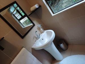 ein Badezimmer mit Waschbecken, Spiegel und Fenster in der Unterkunft Buckingham Cottage in Pinetown