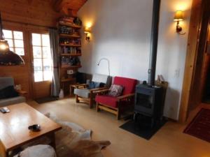 a living room with a wood stove in a room at Chalet Silentium in Bellwald