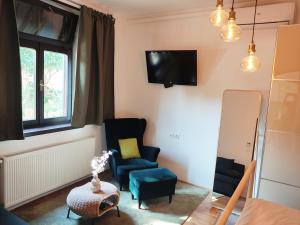 salon z 2 krzesłami i telewizorem w obiekcie Zagreb Creative Apartments APP 4 w Zagrzebiu