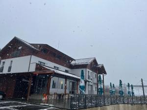 a building with snow falling in front of it at Pensiunea Mountain Pearl in Deseşti +62 photos
