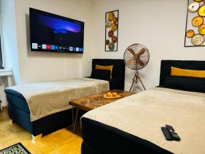 a living room with two beds and a flat screen tv at Offline 51 City Apartments in Düsseldorf