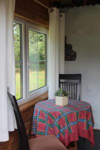 a table and chairs in a room with windows at kaimo turizmo sodyba Fliorencija in Pasandravys