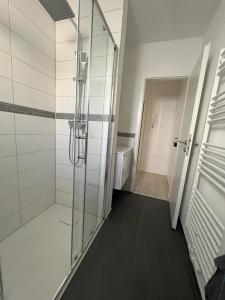 ライプツィヒにあるPATAMA Apartment Leipzig Nord, Halle, nähe BMW, Porsche, DHL, Schenker, Siemens, TAKRAF, Stankt Georg Klinikumのバスルーム(ガラスドア付きのウォークインシャワー付)