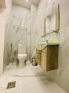 een witte badkamer met een toilet en een wastafel bij Zaman Ya Zaman Boutique Hotel in Amman
