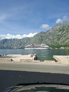 a large cruise ship in the water with mountains at Apartman Lazovic Prcanj in Kotor