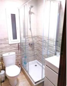 a bathroom with a shower and a toilet and a sink at Warm apartment - Lleida in Lleida