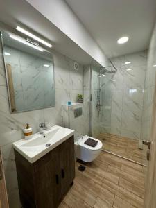 a bathroom with a sink and a toilet and a shower at Academy's Modern Apartments By Aesthetic & Luxurious Living in Athens