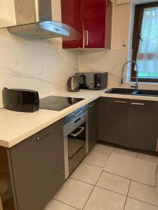a kitchen with a sink and a counter top at Appartement lumineux 4 personnes in Enghien-les-Bains +11 photos