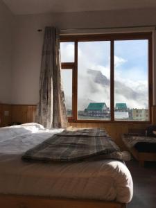 a bedroom with a bed and a large window at The Shangbar in Jispa