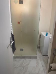 a white bathroom with a shower and a toilet at Apparemment front de mer in Ouistreham
