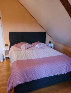 una camera da letto con un grande letto con lenzuola e cuscini rosa di Au coeur de notre ferme céréalière a Romilly-sur-Aigre