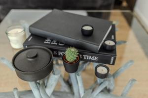 a table with two speakers and a potted plant on it at Historisch Zentral nah Elphi & Miniatur Wunderland in Hamburg