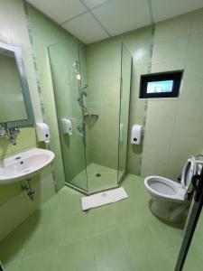 a bathroom with a shower and a toilet and a sink at Pino - Villa, Casa, Cucina е Terrazza in Albena