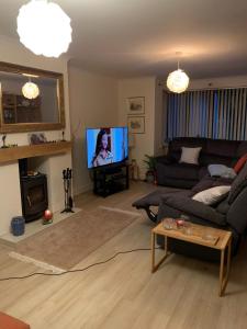 Una sala de estar con un sofá y un televisor. en Trevonnen, en Llyswen