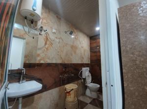 a bathroom with a sink and a toilet at Hotel Shree Balaji in Ujjain