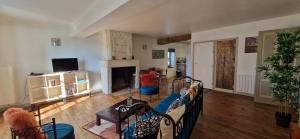 a living room with a couch and a fireplace at La Campinoise in Champigny-sur-Veude