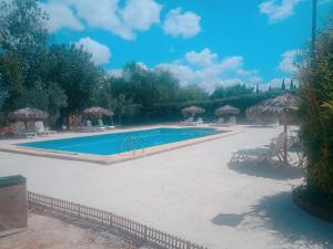 una gran piscina con sillas y sombrillas en Cortijo Carrillo, en Cartaojal