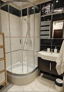 a bathroom with a shower and a sink at Apartment in Zyrardow 10min to Suntago in Żyrardów
