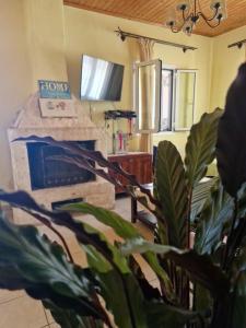 a living room with a stone fireplace and a plant at Mountain Breeze Cottage in Makriótika