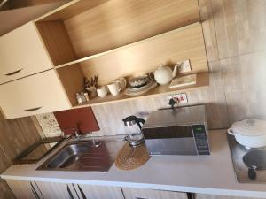 a kitchen counter with a sink and a microwave at Stone Town Guesthouse in Gaborone
