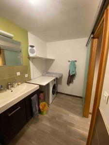 a bathroom with a sink and a washing machine at Logement 7pers-80m2 avec terrasse & jardin in Gries