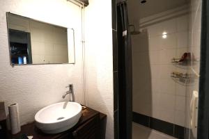 ein Badezimmer mit Waschbecken, Spiegel und Dusche in der Unterkunft La maison du Thoré in Saint-Amans-Valtoret + 15 Fotos