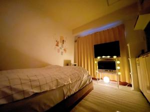 a bedroom with a bed and a flat screen tv at Hokusei Bldg 53 ほくせいビル53 SHENSAPO in Sapporo