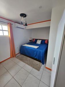 une chambre avec un lit bleu et une fenêtre dans l'établissement Villa Raven´s Paradise (Verde), à Willemstad 69 autres photos