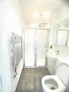 a bathroom with a shower and a toilet and a sink at Convenient Contractor & Family Stay - 5 Guests, Pets Welcome, Parking Included! in Bracknell +35 photos