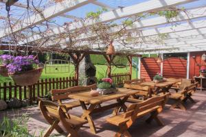 a group of wooden tables and chairs under a greenhouse at Ferienwohnung Nr 3 in Hinrichsdorf