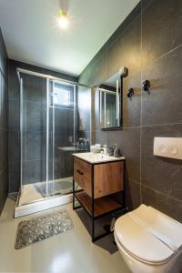 a bathroom with a shower and a toilet and a sink at Drvena bajka Ville za odmor Magnolia i Kamelia in Bilje