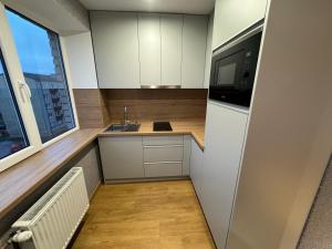 a small kitchen with a sink and a microwave at Aleksandra Apartment in Ventspils