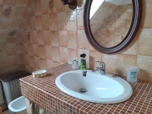une salle de bain avec un lavabo et un miroir et des toilettes dans l'établissement Chambres chez l habitant, à Langrolay