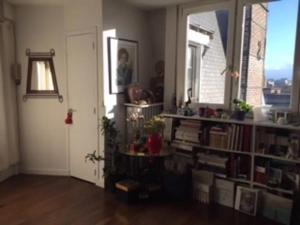 a living room with a book shelf and a window at Appartement charmant avec vue sur Tour Eiffel - Paris - 60 m² in Paris
