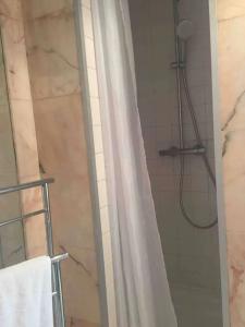 a shower with a shower curtain in a bathroom at Appartement charmant avec vue sur Tour Eiffel - Paris - 60 m² in Paris +14 photos