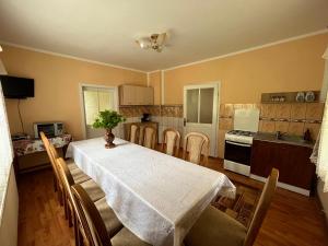 a kitchen with a table and some chairs and a kitchen with a table at Casa Aurelia in Moldoviţa