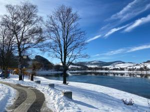 a snow covered park with benches next to a river at FeWo Seeperle in Diemelsee
