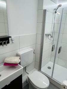 a white bathroom with a shower and a toilet at Ferienwohnung Nr 6 in Hinrichsdorf +2 photos