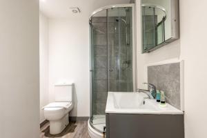 a bathroom with a toilet and a sink and a shower at Perfect 1 Bed Budget Flat in Central Doncaster in Doncaster