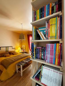 a bedroom with a book shelf filled with books at La Casita in Mimizan