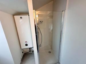 una ducha con puerta de cristal en un baño en Forum Champagne grand T2 climatisé vue Cathédrale, en Reims 23 fotos más
