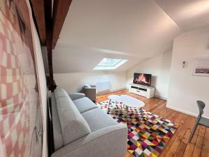 Una sala de estar con un sofá y un televisor. en Forum Champagne grand T2 climatisé vue Cathédrale, en Reims