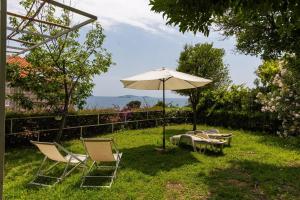 eine Gruppe Stühle und ein Regenschirm im Gras in der Unterkunft Apartments Villa Mare in Mlini