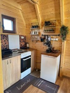 a kitchen in a log cabin with a stove at Durmitorski merak in Žabljak