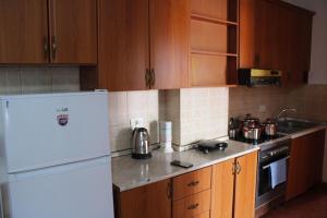 a kitchen with wooden cabinets and a white refrigerator at Crew Hostel Tirana in Tirana