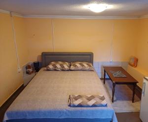 a bedroom with a large bed and a table at Apartman Pavle Virpazar in Virpazar