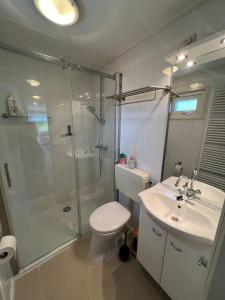 Un baño con ducha, inodoro y lavabo. en Sunset Warmond, en Warmond