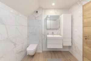 a white bathroom with a toilet and a sink at Apartmaji Seljak in Preddvor