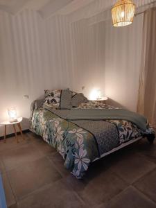 APPARTEMENT CAP CORSE Marine de PIETRACORBARA BORD DE MER في Pietracorbara: غرفة نوم بسرير في غرفة بها مصباح